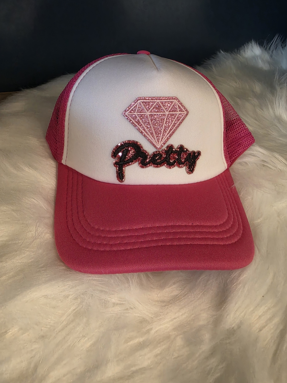 90s Inspired Woman's Pink 'Pretty' Trucker Hat with Glitter Diamond Patch